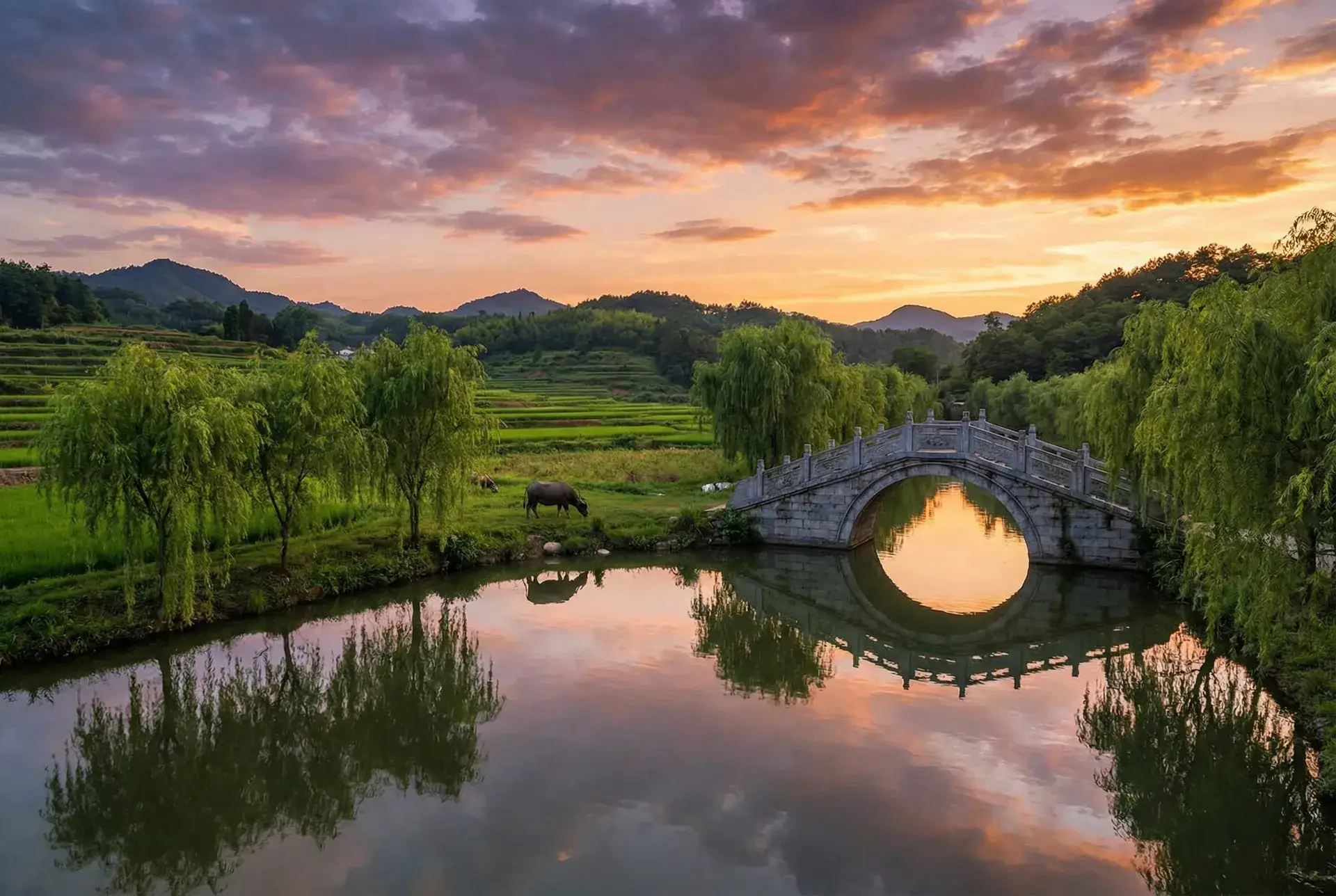 夕阳下的石拱桥与垂柳，水牛在河边吃草 - 娇嫩粗大撑开灌满浓浆视频 乡村美景